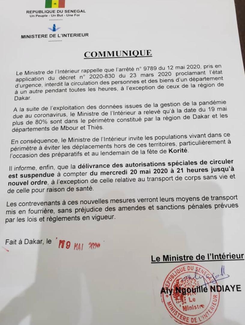 Le ministre de l'Intérieur met en garde contre les déplacements avant et après la korité