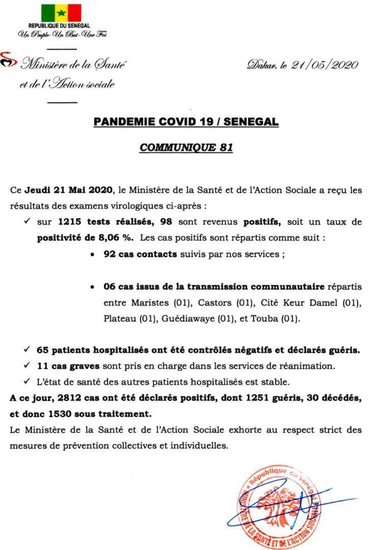 Coronavirus/Sénégal: 92 nouvelles infections dont 6 de type communautaire