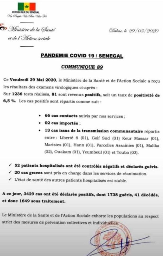 Coronavirus/Sénégal: 81 nouvelles contaminations dont 2 cas importés et 13 de type communautaire