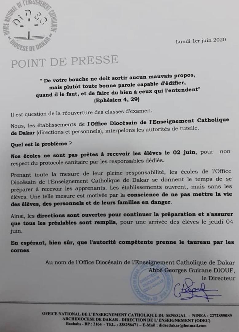 Réouverture des classes: L'enseignement catholique rejette la date du 2 juin pour celle du 4