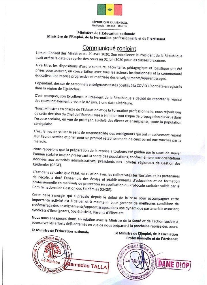 Reprise avortée des cours: le communiqué conjoint des ministres Mamadou Talla et Dame Diop