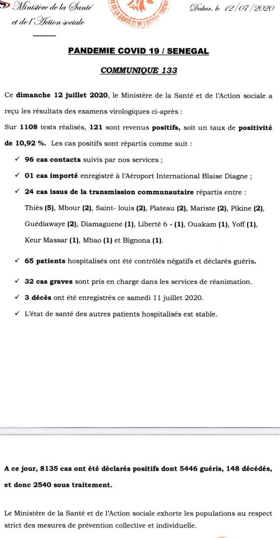 Coronavirus/Sénégal: 121 nouvelles contaminations, 3 nouveaux décès samedi