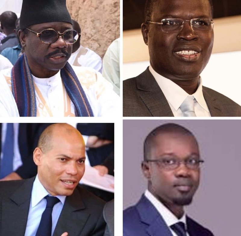 Moustapha Sy (PUR), Karim Wade (PDS), Ousmane Sonko (Pastef) et Khalifa Sall (Taxawu Senegaal)