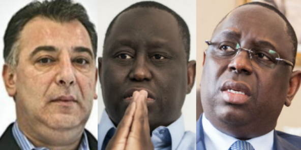 L''Australo-roumain Franck Timis (g), Aliou Sall (c), frère du Président sénégalais Macky Sall.