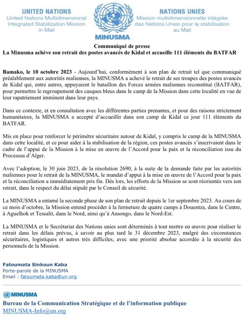 La Minusma livre le poste-avancé de Kidal aux armées maliennes