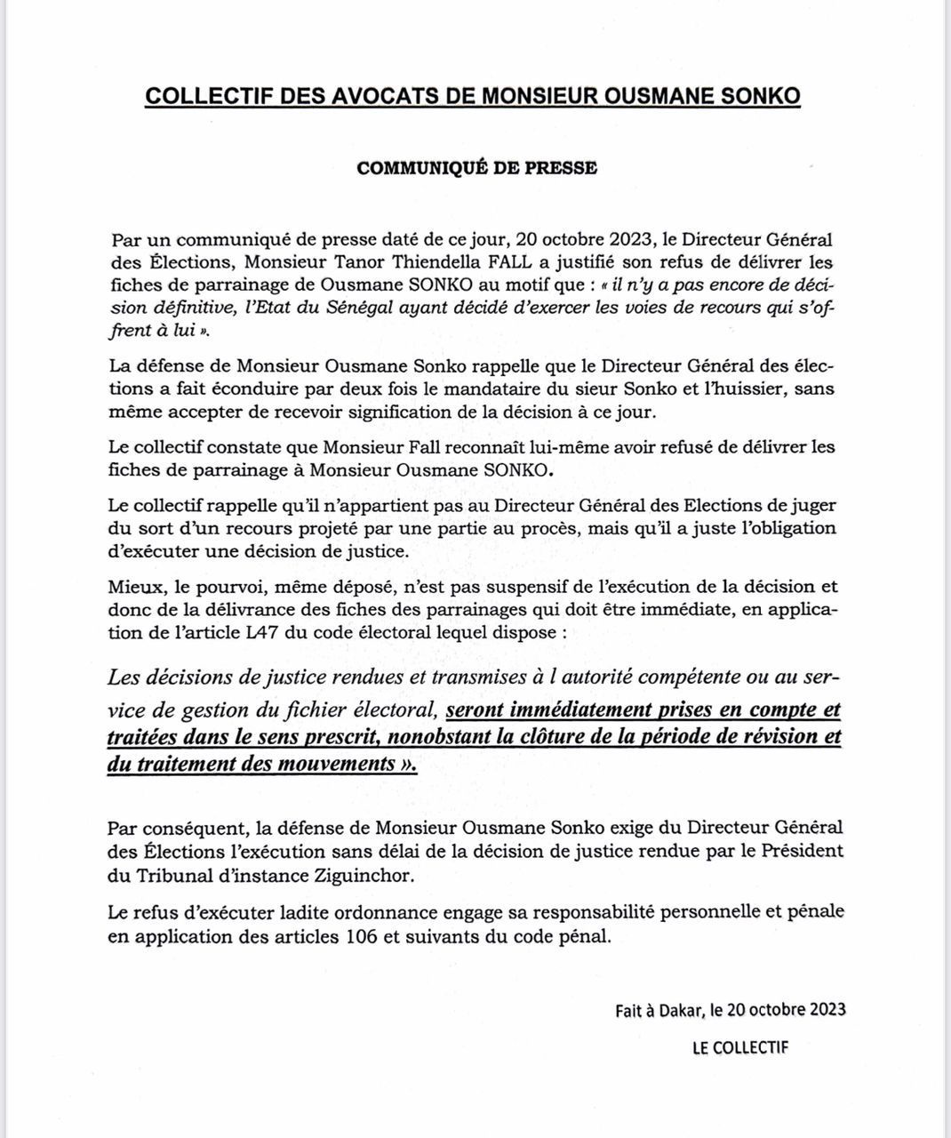 Les avocats d'Ousmane Sonko brandissent la "responsabilité personne et pénale" du DGE Thiendella Fall