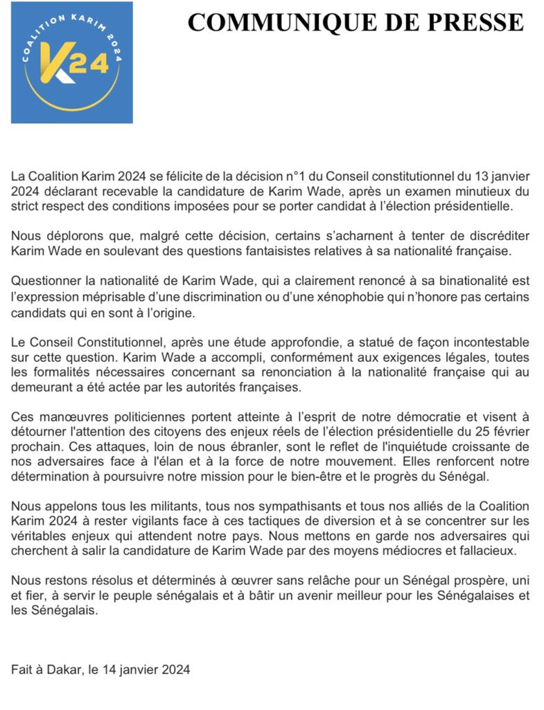 CK2024 réplique á Thierno Alassane Sall: « Karim Wade a clairement renoncé à sa binationalité »