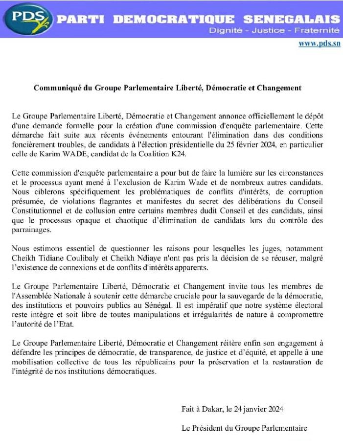 Elimination de Karim Wade de la présidentielle 2024 : le Pds dit avoir déposé une demande d'enquête parlementaire