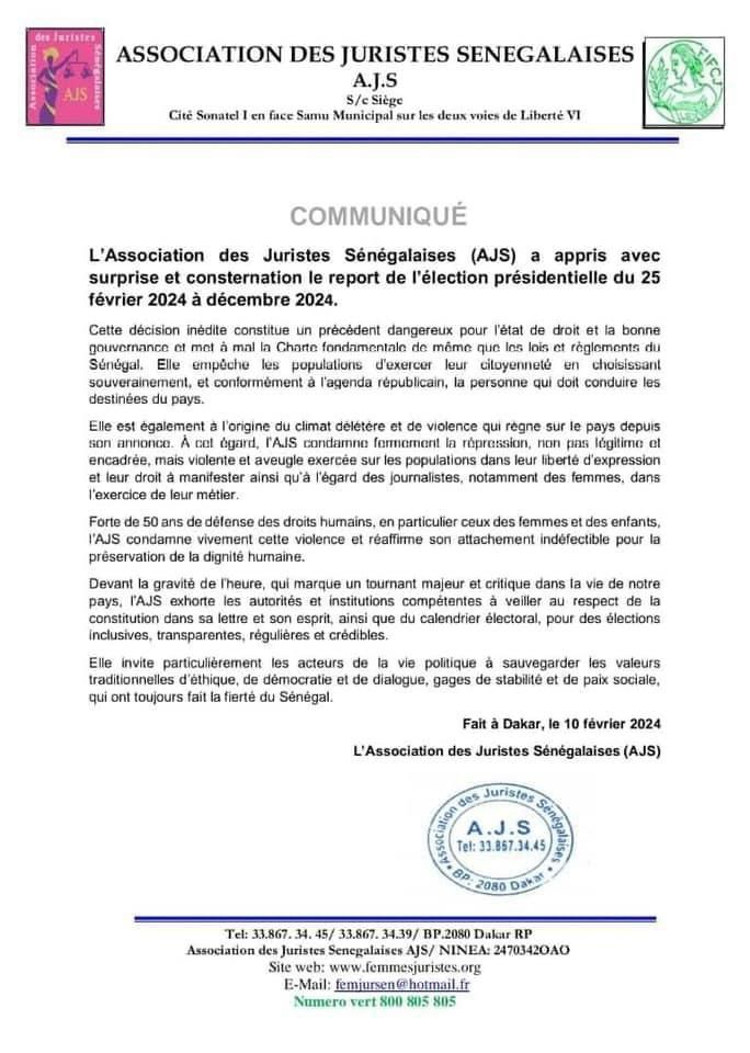 L'Association des juristes sénégalaises (AJS) condamne l'annulation de la présidentielle, accable le pouvoir
