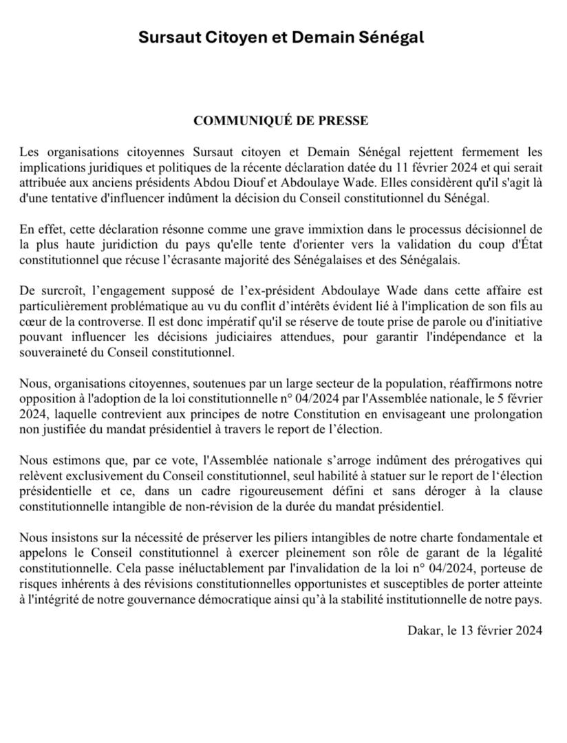 "Sursaut citoyen" et "Demain Sénégal" accusent Diouf et Wade d'influencer le Conseil constitutionnel pour valider le coup d'Etat de Sall
