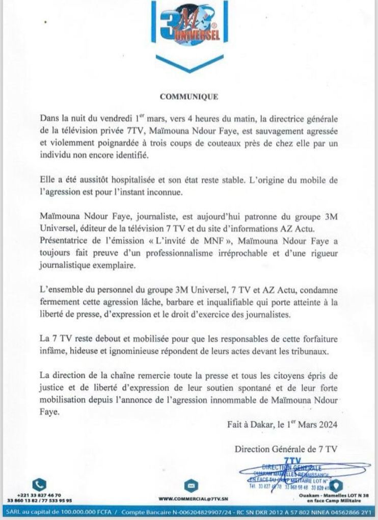 Agression contre Maimouna Ndour Faye : la réaction du Groupe  3M Universel