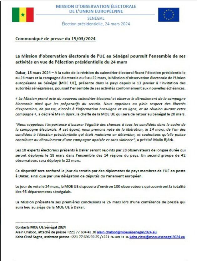 Présidentielle du 24 mars : l'UE annonce le redéploiement de ses observateurs et l'arrivée de députés du parlement européen 