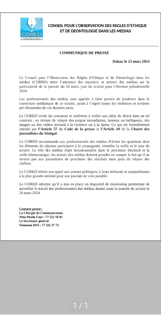 Scrutin du 24-Mars --- Les recommandations du Cored aux journalistes : prudence, vigilance, professionnalisme