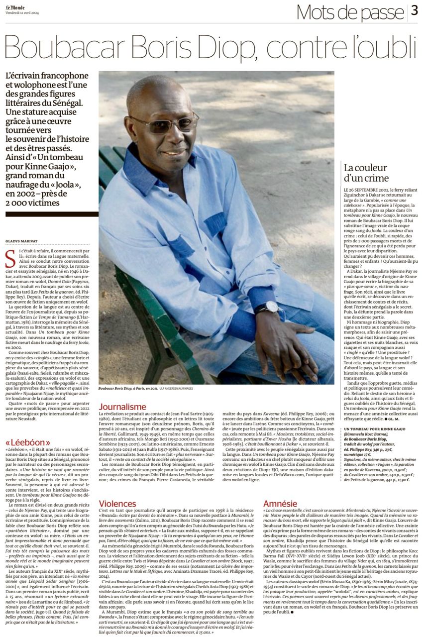 « Boubacar Boris Diop, contre l’oubli » (Le Monde)
