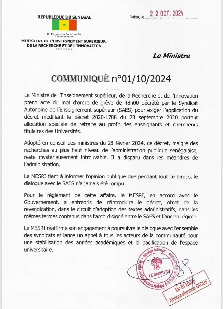 Universités : Le décret "disparu" 2020-1788 du 23 septembre 2020 sera réintroduit, assure le ministre Abdourahmane Diouf 