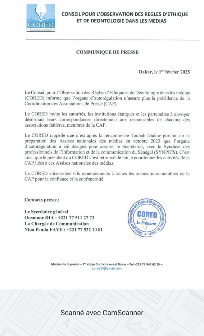 Le Cored se libère de la présidence de la Coordination des associations de presse 