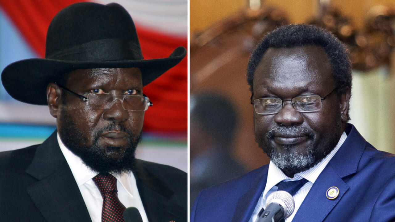 La président Salva Kiir (chapeau) et son vice-président Riek Machar