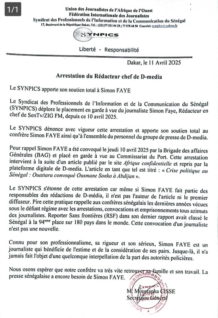 Le Synpics s'étonne et dénonce l'arrestation du journaliste Simon Faye