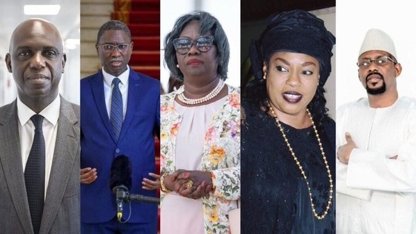 Mansour Faye, Ismaïla Madior Fall, Sophie Aïssatou Gladima, Salimata Diop et Moustapha Diop (g. à d), les 5 anciens ministres de Macky Sall traduits devant la Haute cour de justice.