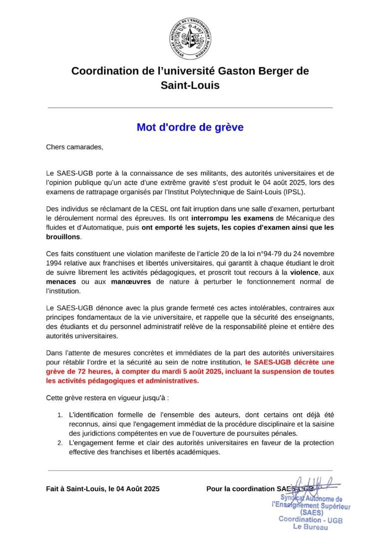 Université Gaston Berger : Le SAES déclenche une grève de 72 heures