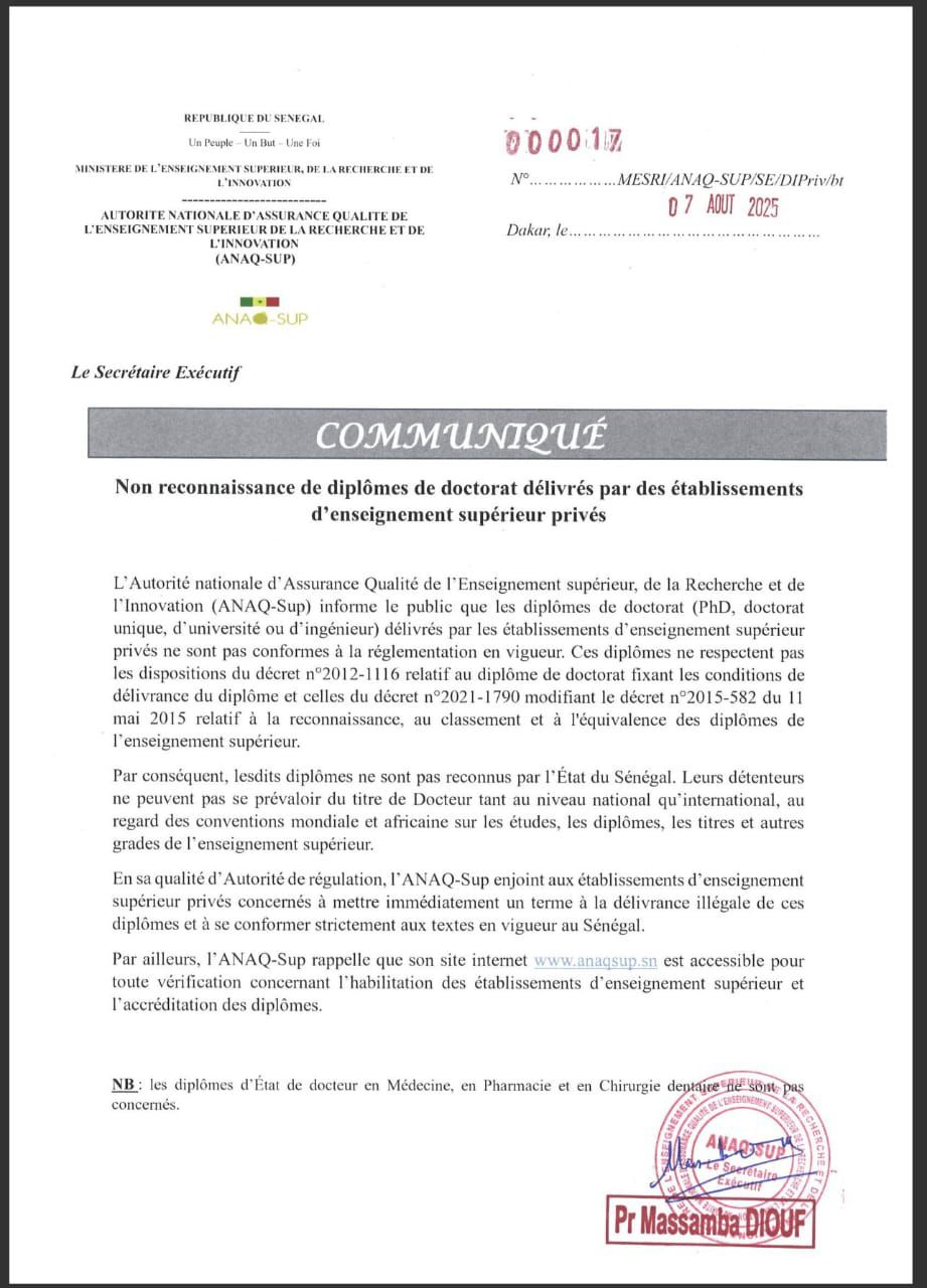 Enseignement supérieur privé : les diplômes de doctorat ne sont pas reconnus par l'Etat (communiqué)