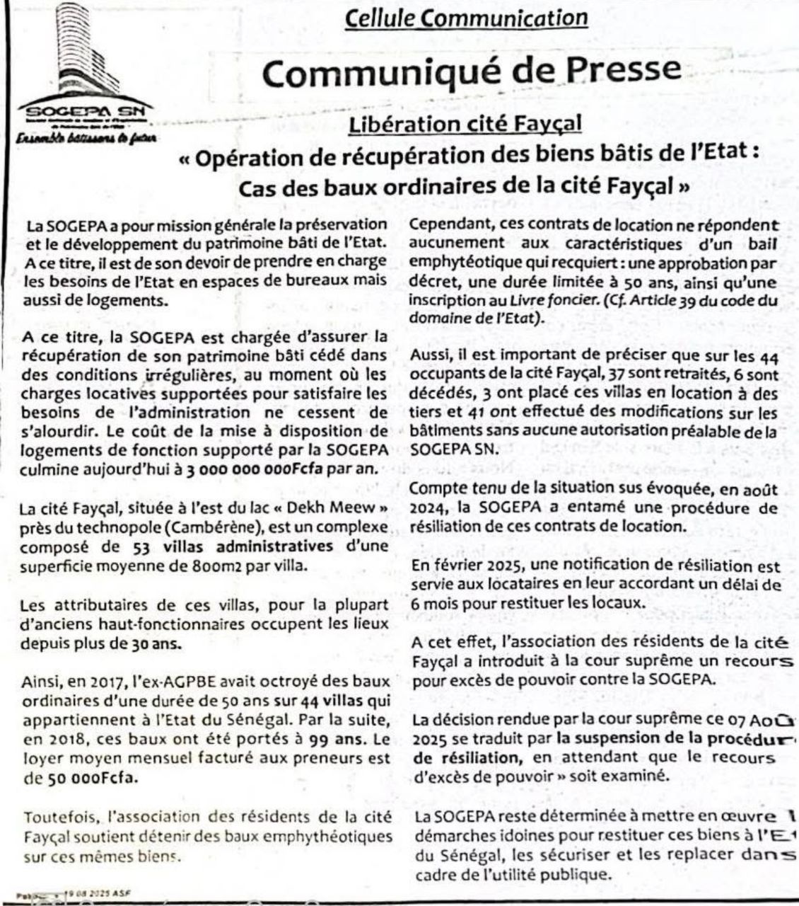 Villas de la Cité Fayçal : la SOGEPA "déterminée" à récupérer les biens de l'Etat