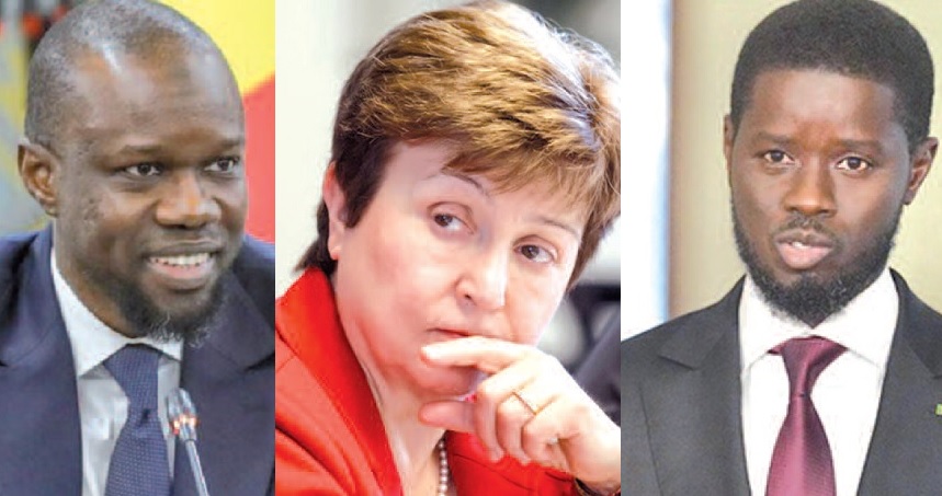 La directrice générale du FMI Kristalina Georgieva entre le PM Ousmane Sonko (g.) et le PR Diomaye Faye