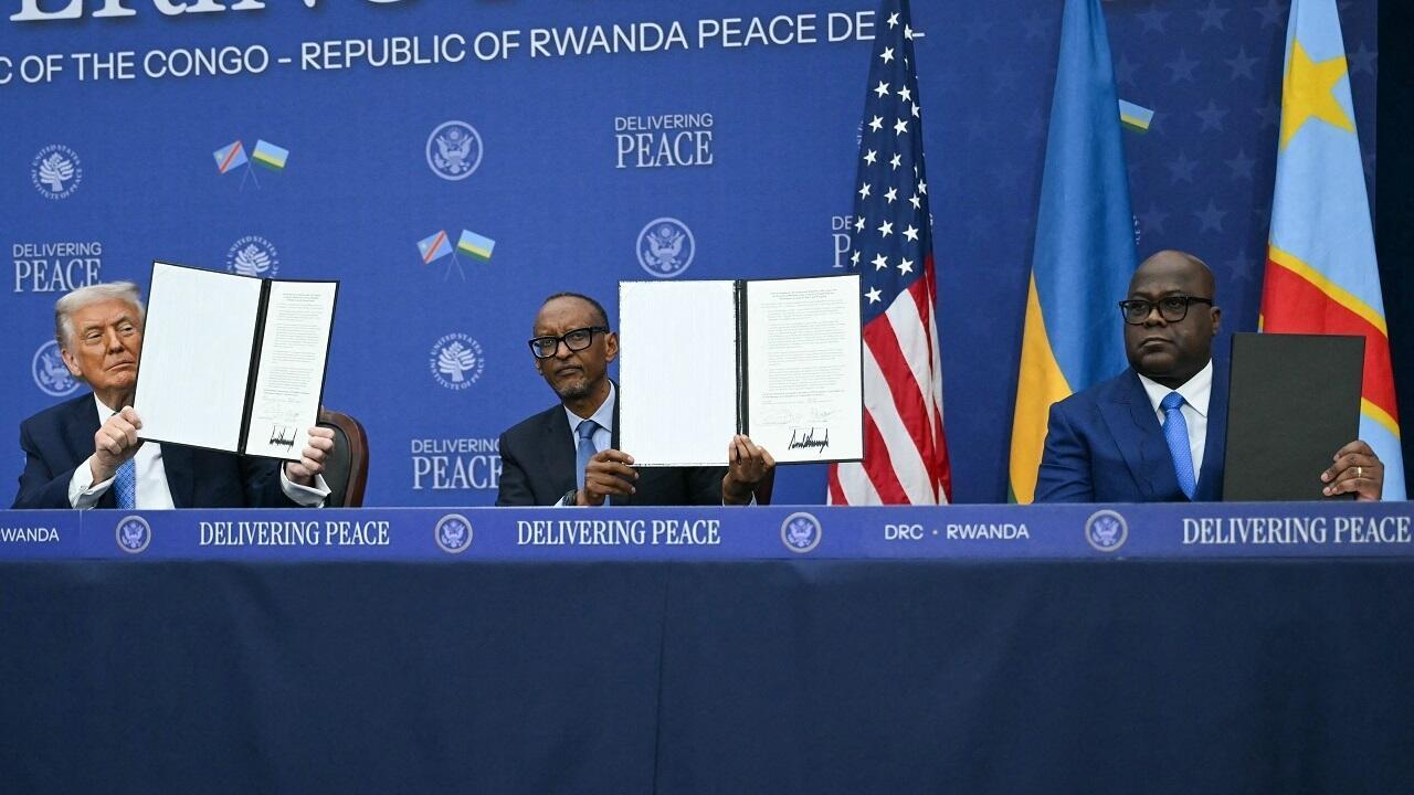 Trump, Kagame et Tshisekedi le 4 décembre 2025 à la Maison Blanche