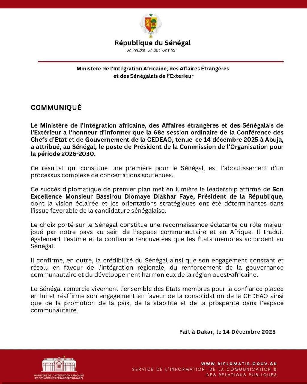 ABUJA - Le Sénégal prend la tête de la Commission de la CEDEAO pour 2026-2030