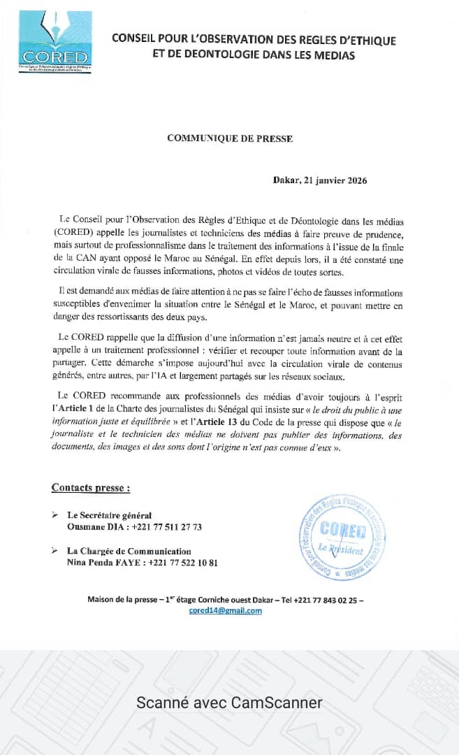 Sénégal-Maroc - Le CORED appelle les journalistes à éviter les pièges de la désinformation 