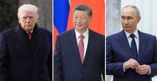 Le Chinois Xi Jinping (c.) entre Donald Trump (g.) et Vladimir Poutine