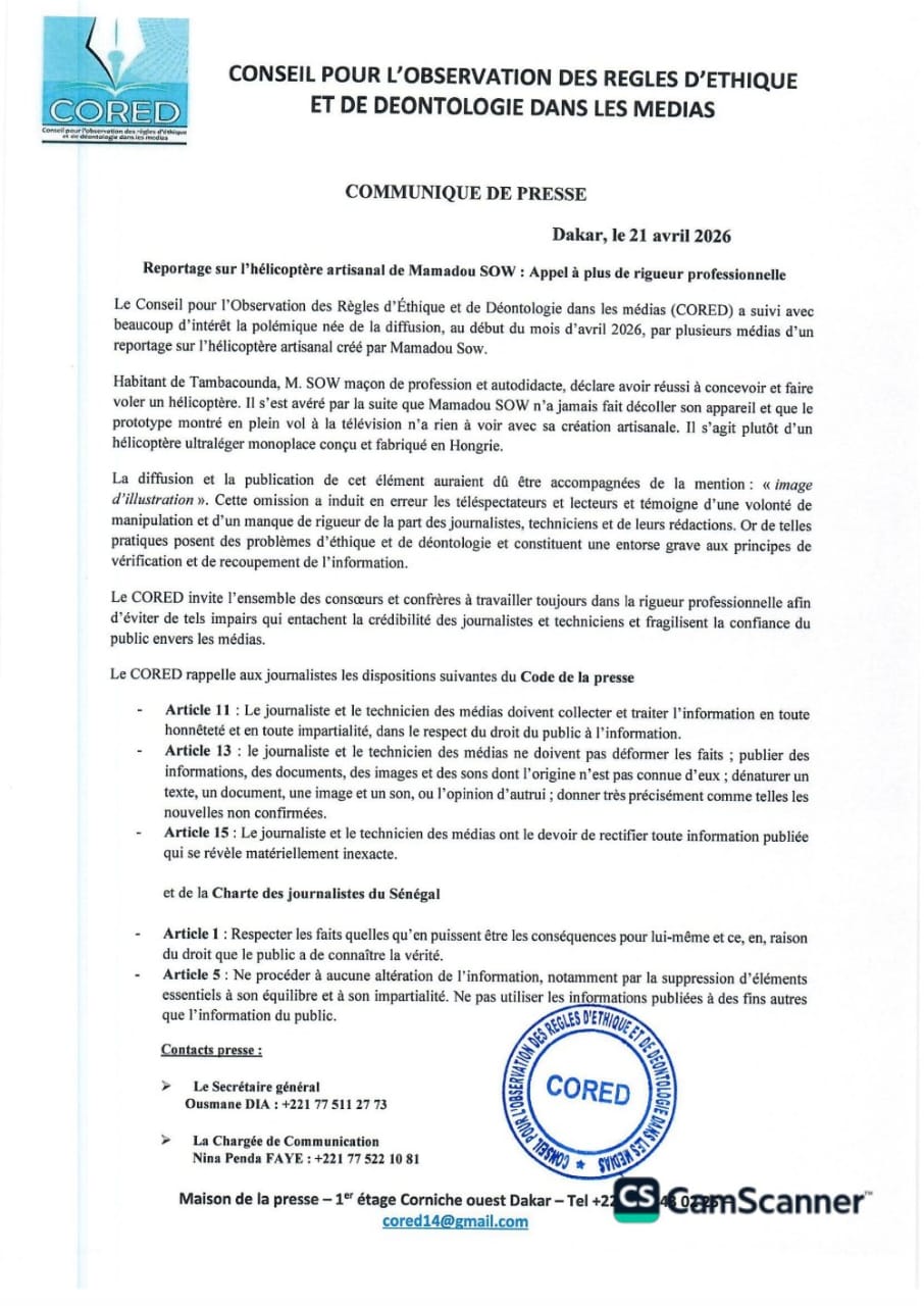 Affaire de l'hélicoptère de Tambacounda : le CORED appelle (encore) les journalistes à la vigilance