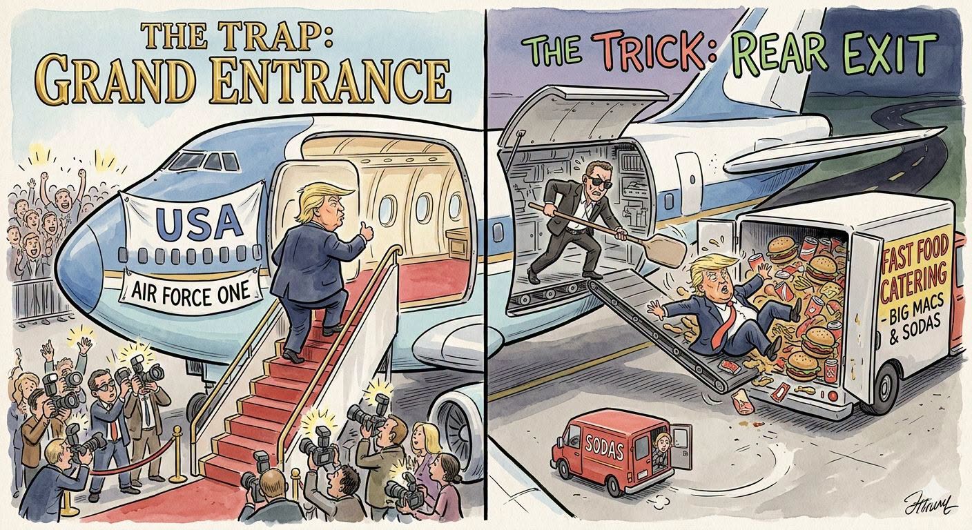 Donald Trump passant de l'avion Air Force One au conteneur de restauration d'aéroport pour être exfiltré dans un autre avion. (Image DR)