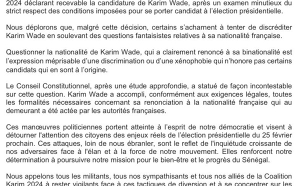 CK2024 réplique á Thierno Alassane Sall: « Karim Wade a clairement renoncé à sa binationalité »
