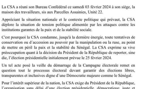 La Confédération des syndicats autonomes exige la tenue sans délai d'une élection présidentielle