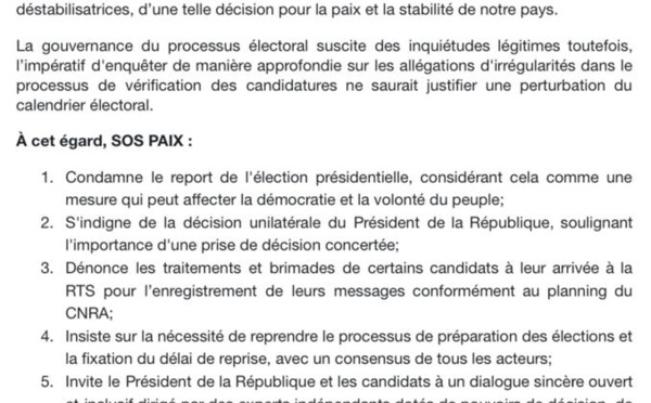 Annulation de la présidentielle du 25 février - SOS/Paix "indignée par la décision unilatérale du président de la République"