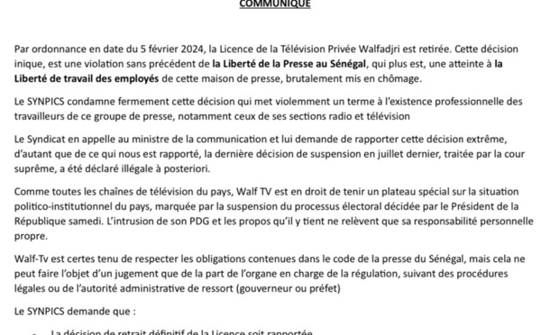 Fermeture de WALF TV - Le SYNPICS condamne une décision violente, réclame la disparition du CNRA