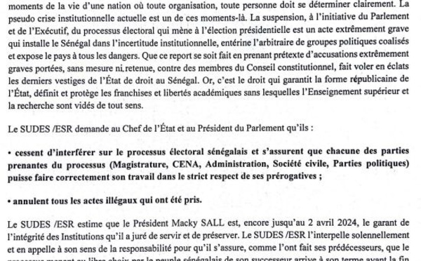 Le SUDES demande au duo Macky Sall/Amadou Mame Diop « l’annulation de tous les actes illégaux » contre la présidentielle du 25 février 2024