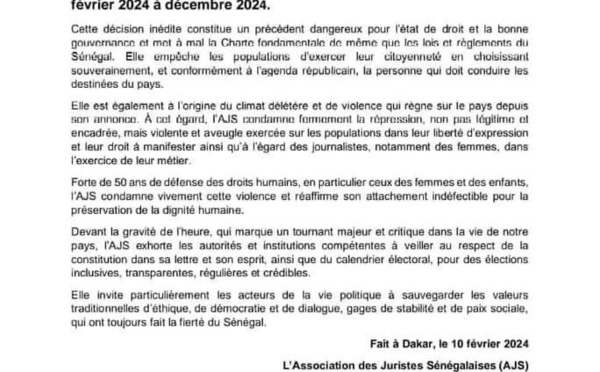 L'Association des juristes sénégalaises (AJS) condamne l'annulation de la présidentielle, accable le pouvoir
