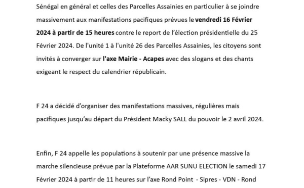 Respect du calendrier électoral : Le F 24 appelle á des "manifestations pacifiques" vendredi 16 février 2024 