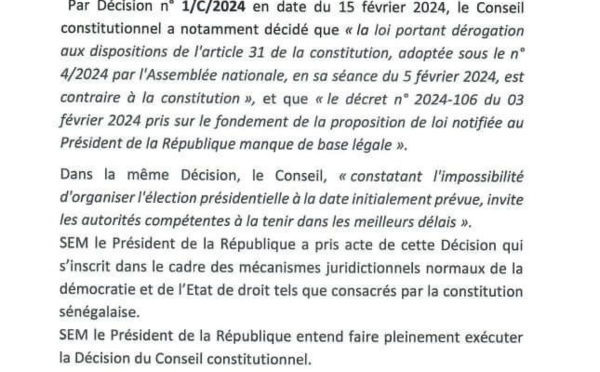 La réaction du président Sall après la décision du Conseil constitutionnel