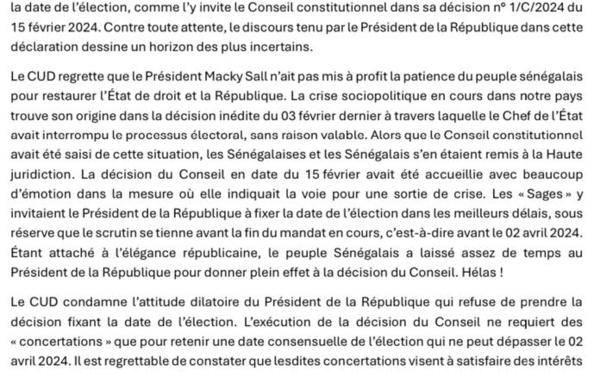 Le CUD condamne le dilatoire de Sall, préconise une synergie des « véritables forces vives de la nation pour sauver notre pays »