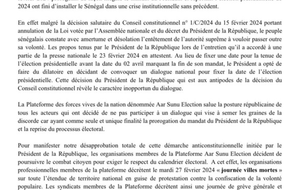 AAR Sunu Election décrète une « Journée villes mortes » pour le mardi 27 fevrier