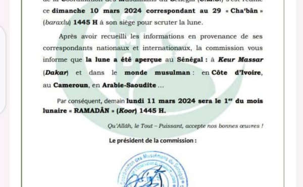 La Coordination des musulmans du Sénégal annonce le début du Ramadan pour le 11 mars 