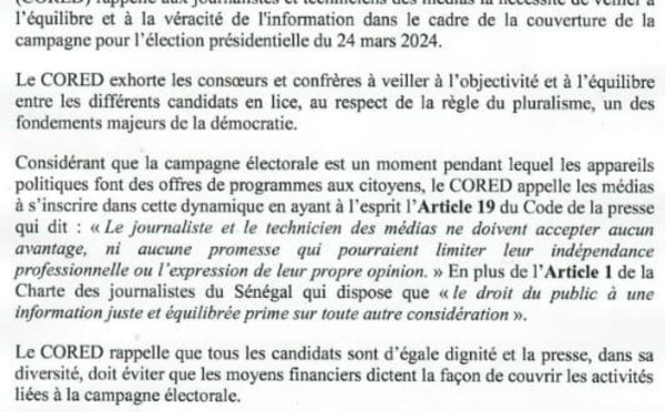 Campagne électorale : le Cored appelle les journalistes au professionnalisme et à l'éthique 