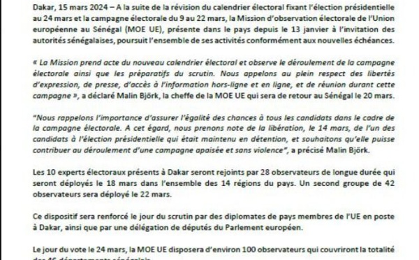 Présidentielle du 24 mars : l'UE annonce le redéploiement de ses observateurs et l'arrivée de députés du parlement européen 