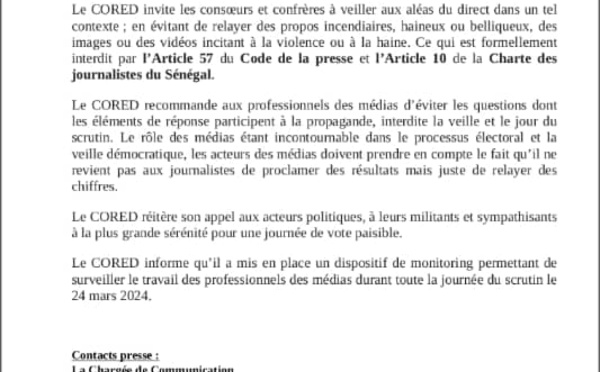Scrutin du 24-Mars --- Les recommandations du Cored aux journalistes : prudence, vigilance, professionnalisme