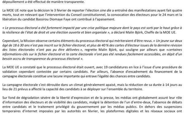 La MOE de l'UE note une élection "bien organisée", mais alerte sur les failles du système électoral