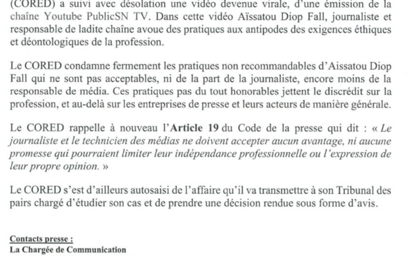 Pratiques journalistiques : Le CORED s'en prend à Aissatou Diop Fall