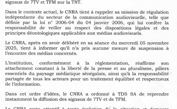Coupures TFM et 7TV - Le CNRA dégage toute responsabilité et demande a TDS de rétablir les signaux 